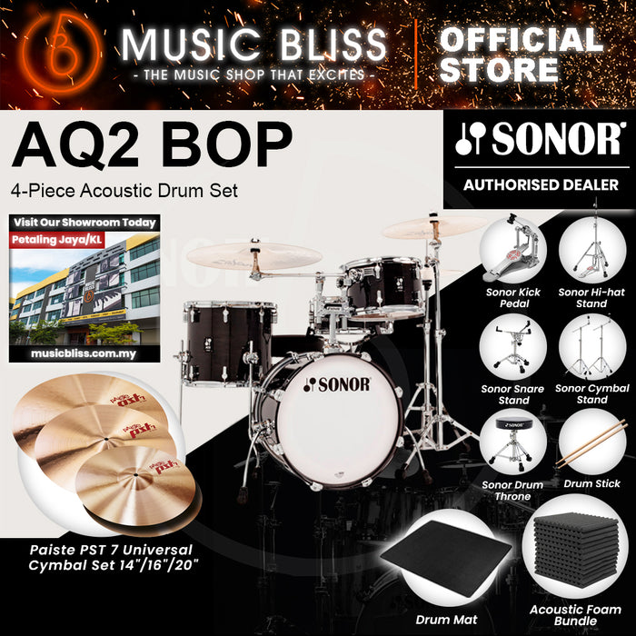 Sonor AQ2 BOP 4-Piece Acoustic Drum Set - 18 Inch Bass Drum - Transparent Stain Black