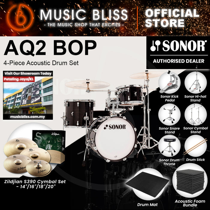 Sonor AQ2 BOP 4-Piece Acoustic Drum Set - 18 Inch Bass Drum - Transparent Stain Black