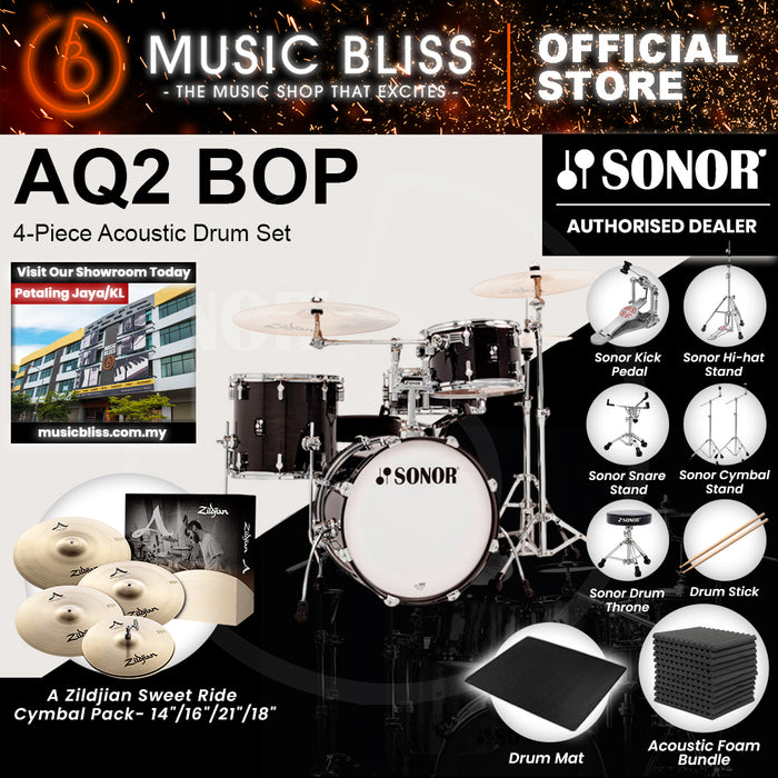 Sonor AQ2 BOP 4-Piece Acoustic Drum Set - 18 Inch Bass Drum - Transparent Stain Black