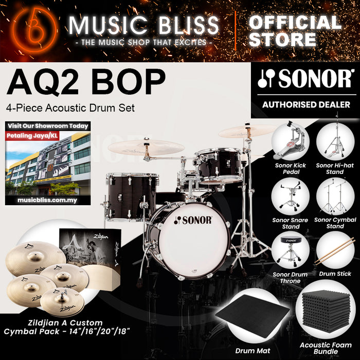 Sonor AQ2 BOP 4-Piece Acoustic Drum Set - 18 Inch Bass Drum - Transparent Stain Black