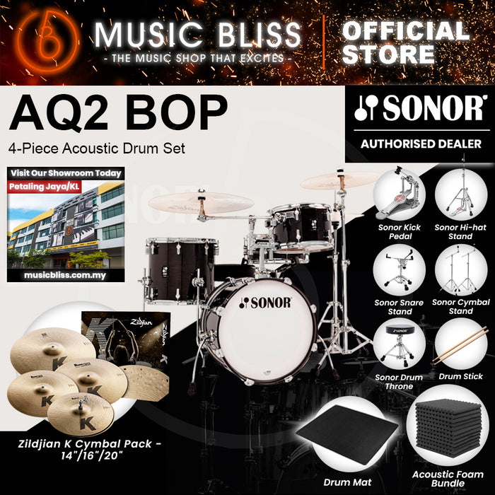 Sonor AQ2 BOP 4-Piece Acoustic Drum Set - 18 Inch Bass Drum - Transparent Stain Black