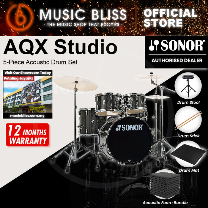 Sonor AQX Studio 5-Piece Acoustic Drum Set with Hardware - 20 Inch Bass Drum - Black Midnight Sparkle