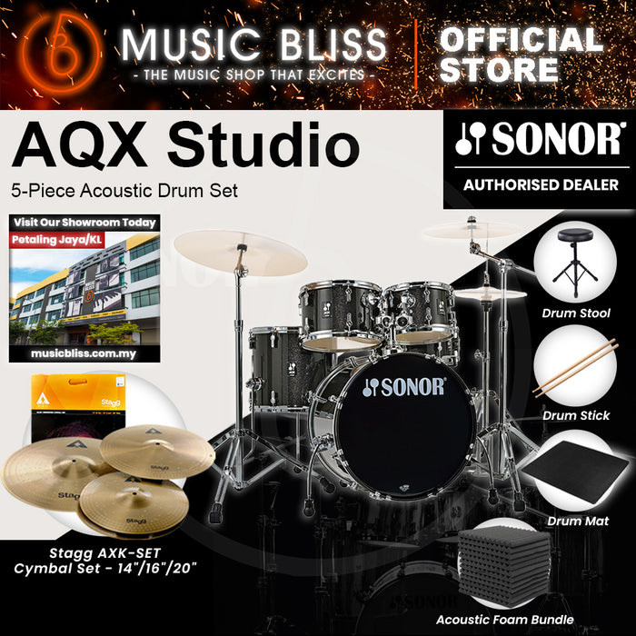 Sonor AQX Studio 5-Piece Acoustic Drum Set with Hardware - 20 Inch Bass Drum - Black Midnight Sparkle