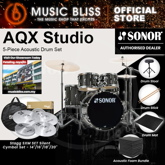 Sonor AQX Studio 5-Piece Acoustic Drum Set with Hardware - 20 Inch Bass Drum - Black Midnight Sparkle