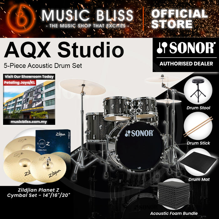 Sonor AQX Studio 5-Piece Acoustic Drum Set with Hardware - 20 Inch Bass Drum - Black Midnight Sparkle