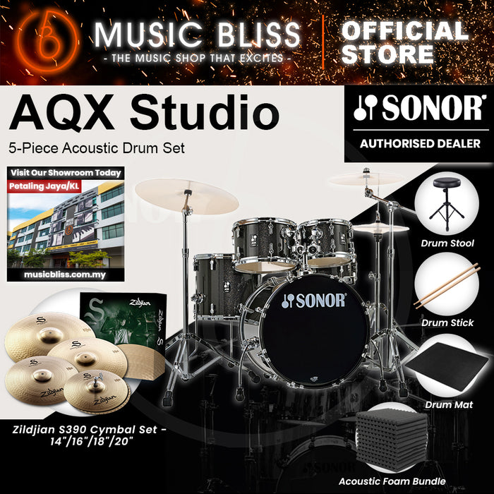 Sonor AQX Studio 5-Piece Acoustic Drum Set with Hardware - 20 Inch Bass Drum - Black Midnight Sparkle