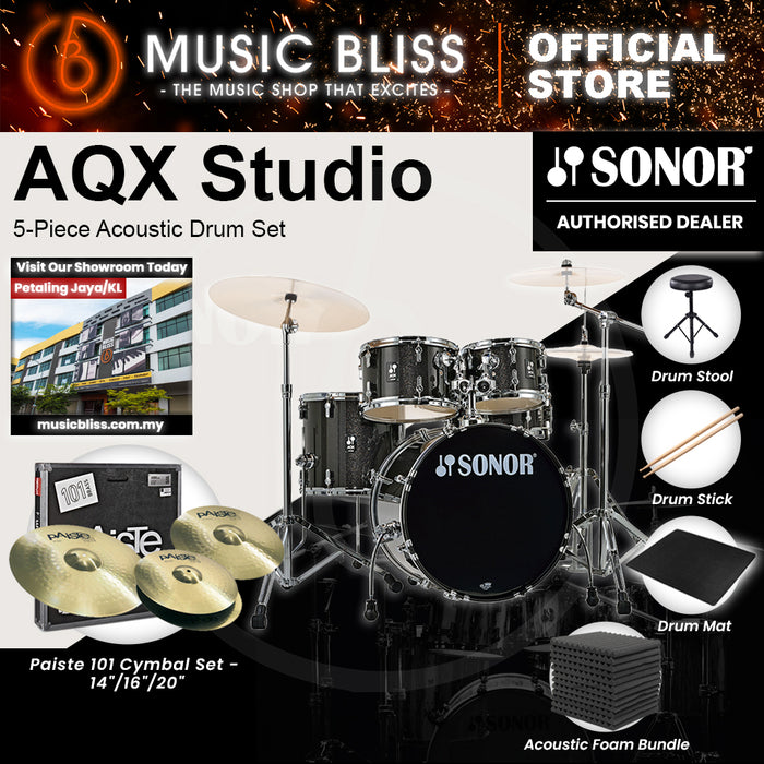Sonor AQX Studio 5-Piece Acoustic Drum Set with Hardware - 20 Inch Bass Drum - Black Midnight Sparkle