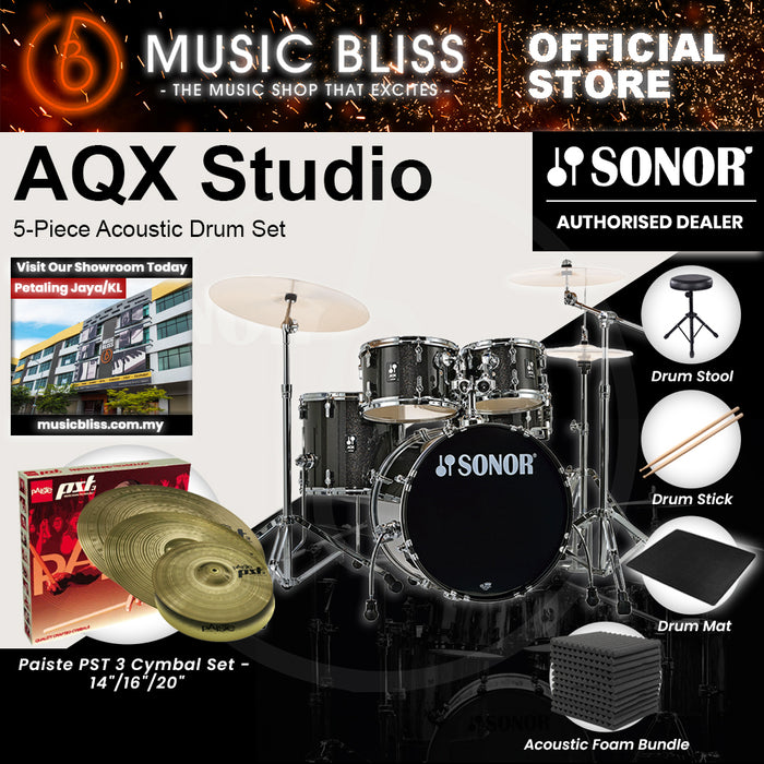 Sonor AQX Studio 5-Piece Acoustic Drum Set with Hardware - 20 Inch Bass Drum - Black Midnight Sparkle