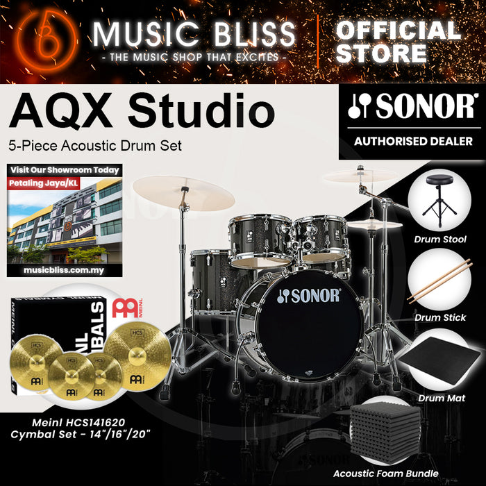 Sonor AQX Studio 5-Piece Acoustic Drum Set with Hardware - 20 Inch Bass Drum - Black Midnight Sparkle