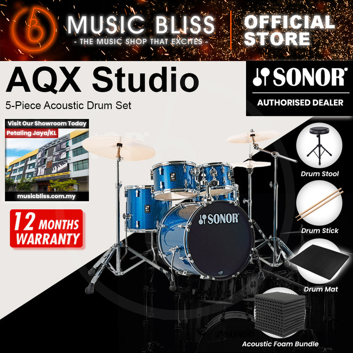Sonor AQX Studio 5-Piece Acoustic Drum Set with Hardware - 20 Inch Bass Drum - Blue Ocean Sparkle