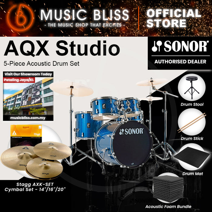 Sonor AQX Studio 5-Piece Acoustic Drum Set with Hardware - 20 Inch Bass Drum - Blue Ocean Sparkle