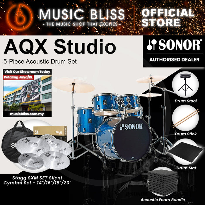 Sonor AQX Studio 5-Piece Acoustic Drum Set with Hardware - 20 Inch Bass Drum - Blue Ocean Sparkle