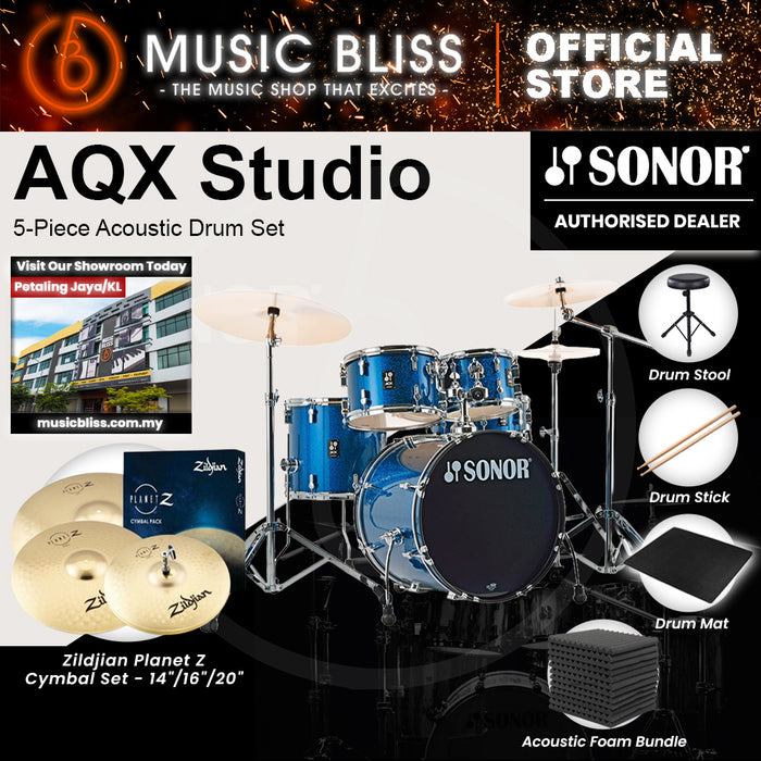Sonor AQX Studio 5-Piece Acoustic Drum Set with Hardware - 20 Inch Bass Drum - Blue Ocean Sparkle