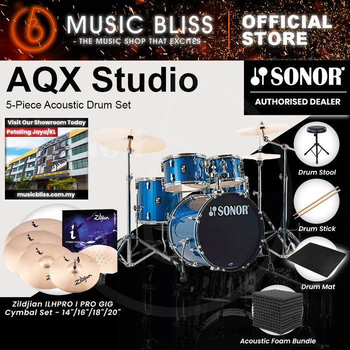 Sonor AQX Studio 5-Piece Acoustic Drum Set with Hardware - 20 Inch Bass Drum - Blue Ocean Sparkle