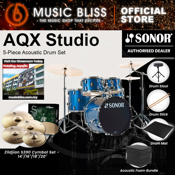 Sonor AQX Studio 5-Piece Acoustic Drum Set with Hardware - 20 Inch Bass Drum - Blue Ocean Sparkle