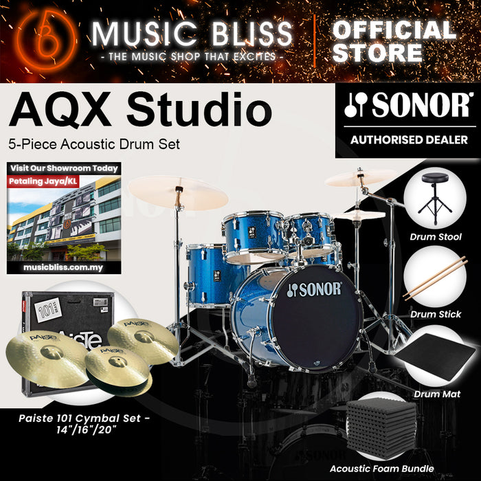 Sonor AQX Studio 5-Piece Acoustic Drum Set with Hardware - 20 Inch Bass Drum - Blue Ocean Sparkle