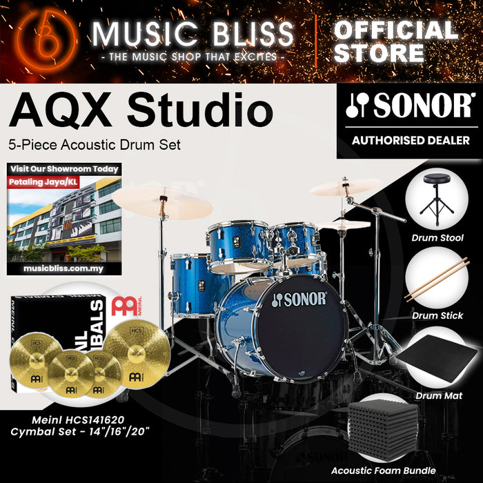 Sonor AQX Studio 5-Piece Acoustic Drum Set with Hardware - 20 Inch Bass Drum - Blue Ocean Sparkle
