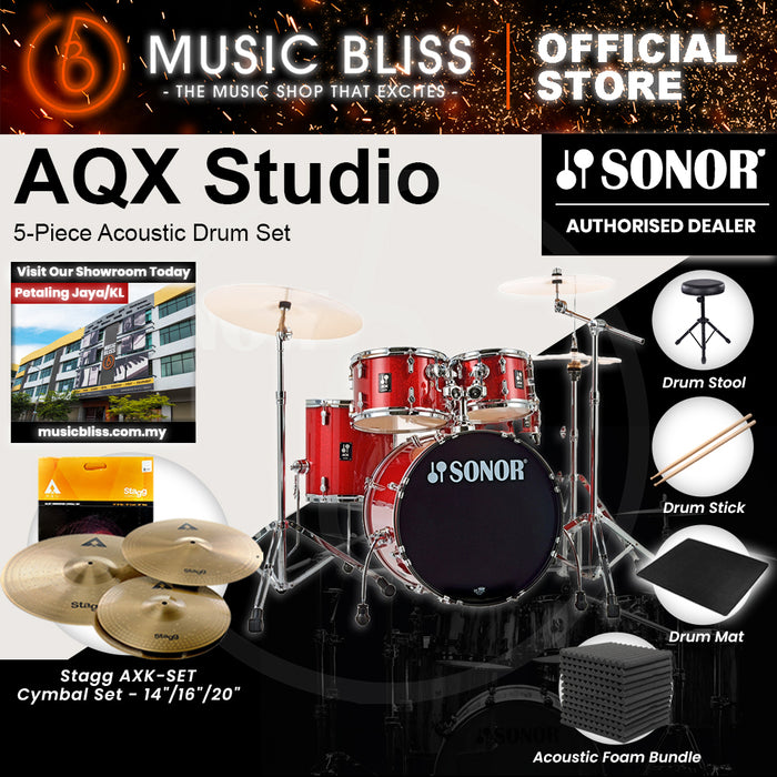 Sonor AQX Studio 5-Piece Acoustic Drum Set with Hardware - 20 Inch Bass Drum - Red Moon Sparkle