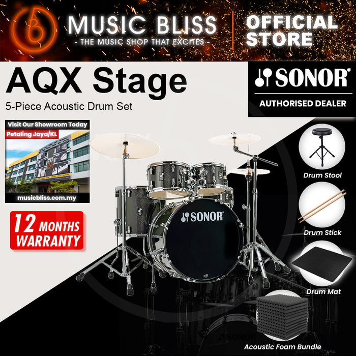 Sonor AQX Stage 5-Piece Acoustic Drum Set with Hardware - 22 Inch Bass Drum - Black Midnight Sparkle