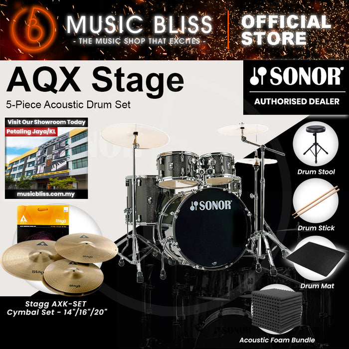 Sonor AQX Stage 5-Piece Acoustic Drum Set with Hardware - 22 Inch Bass Drum - Black Midnight Sparkle