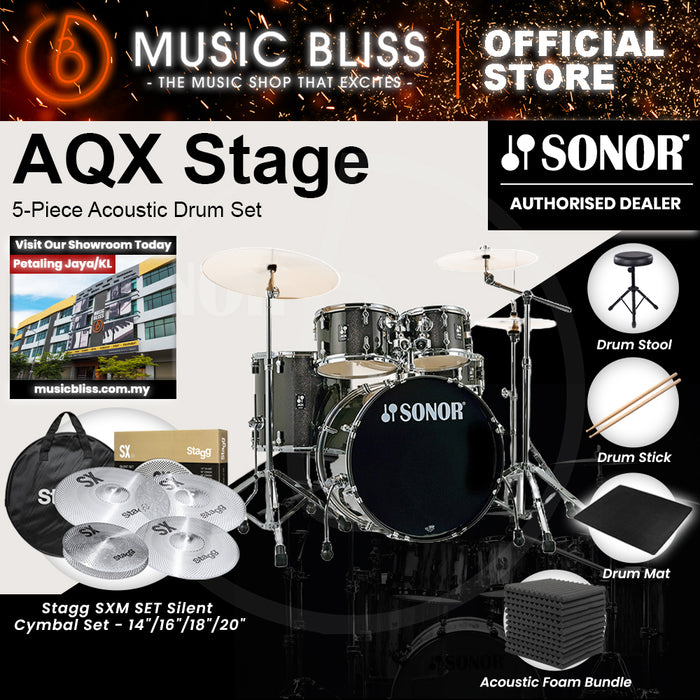 Sonor AQX Stage 5-Piece Acoustic Drum Set with Hardware - 22 Inch Bass Drum - Black Midnight Sparkle
