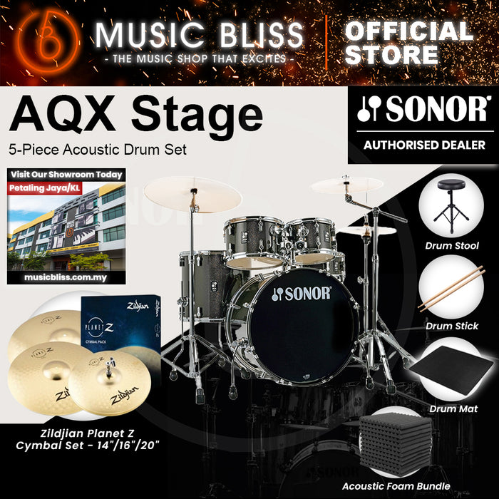 Sonor AQX Stage 5-Piece Acoustic Drum Set with Hardware - 22 Inch Bass Drum - Black Midnight Sparkle