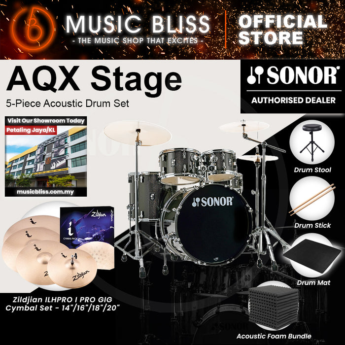 Sonor AQX Stage 5-Piece Acoustic Drum Set with Hardware - 22 Inch Bass Drum - Black Midnight Sparkle