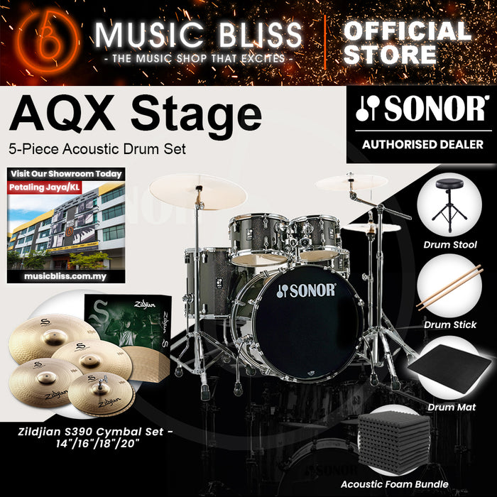 Sonor AQX Stage 5-Piece Acoustic Drum Set with Hardware - 22 Inch Bass Drum - Black Midnight Sparkle