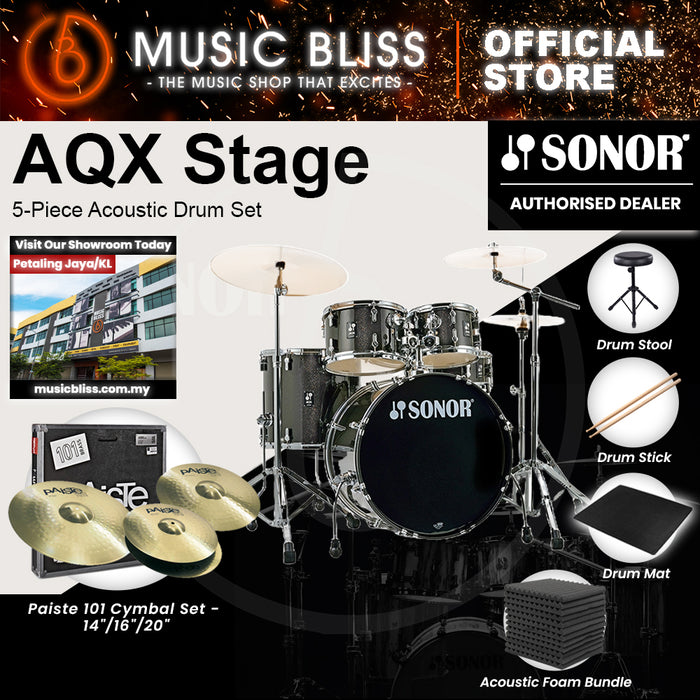 Sonor AQX Stage 5-Piece Acoustic Drum Set with Hardware - 22 Inch Bass Drum - Black Midnight Sparkle
