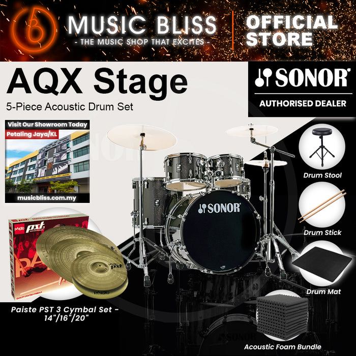 Sonor AQX Stage 5-Piece Acoustic Drum Set with Hardware - 22 Inch Bass Drum - Black Midnight Sparkle