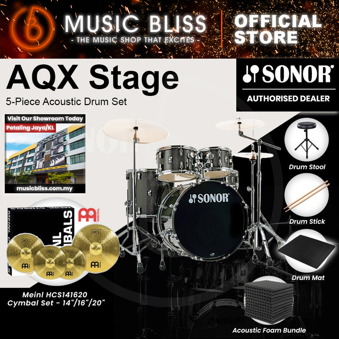 Sonor AQX Stage 5-Piece Acoustic Drum Set with Hardware - 22 Inch Bass Drum - Black Midnight Sparkle