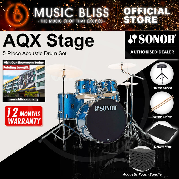 Sonor AQX Stage 5-Piece Acoustic Drum Set with Hardware - 22 Inch Bass Drum - Blue Ocean Sparkle