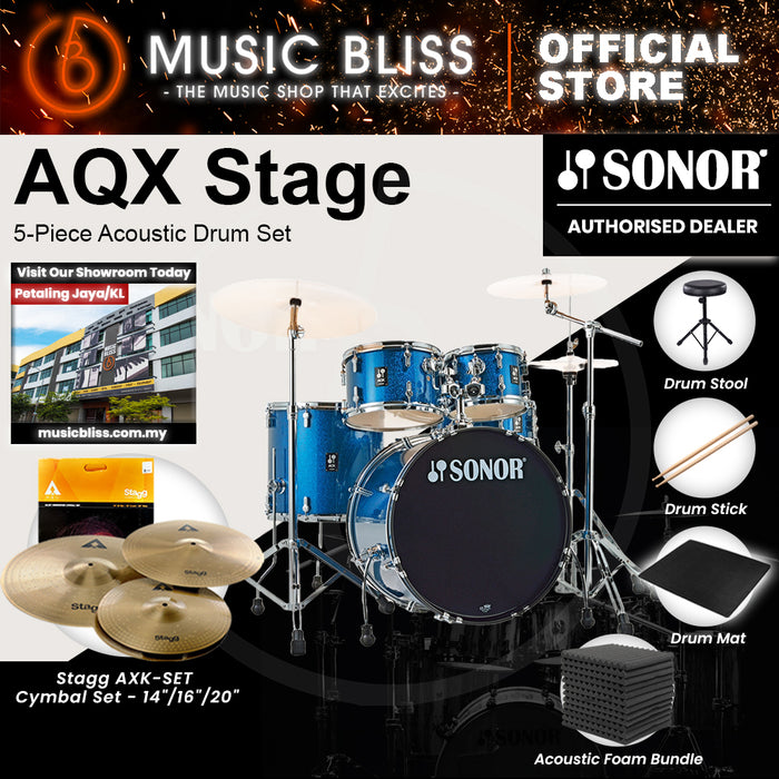 Sonor AQX Stage 5-Piece Acoustic Drum Set with Hardware - 22 Inch Bass Drum - Blue Ocean Sparkle