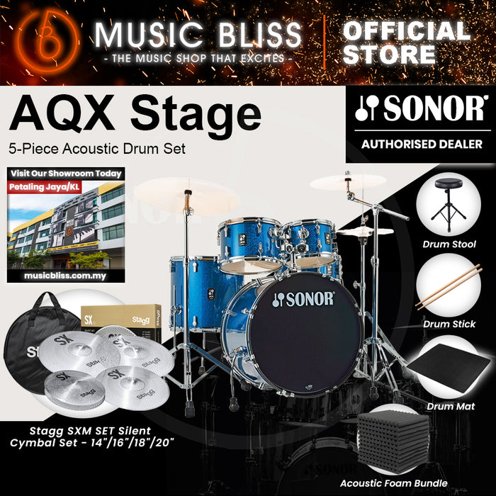 Sonor AQX Stage 5-Piece Acoustic Drum Set with Hardware - 22 Inch Bass Drum - Blue Ocean Sparkle