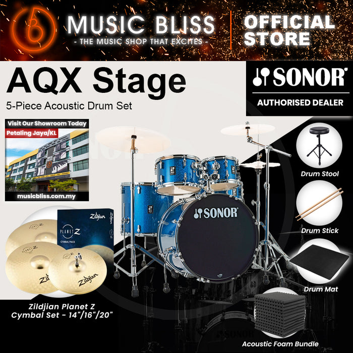 Sonor AQX Stage 5-Piece Acoustic Drum Set with Hardware - 22 Inch Bass Drum - Blue Ocean Sparkle