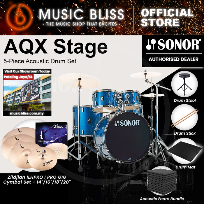 Sonor AQX Stage 5-Piece Acoustic Drum Set with Hardware - 22 Inch Bass Drum - Blue Ocean Sparkle