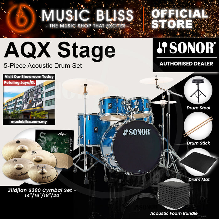 Sonor AQX Stage 5-Piece Acoustic Drum Set with Hardware - 22 Inch Bass Drum - Blue Ocean Sparkle