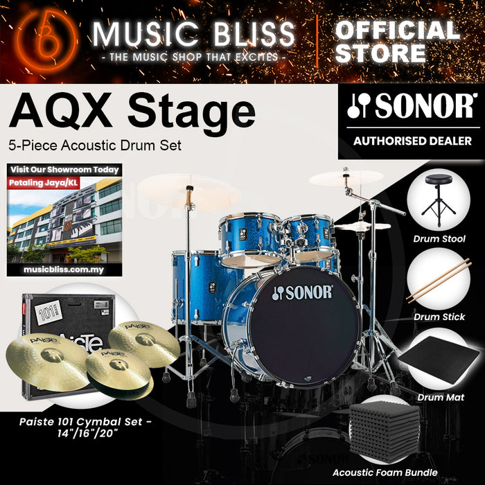 Sonor AQX Stage 5-Piece Acoustic Drum Set with Hardware - 22 Inch Bass Drum - Blue Ocean Sparkle