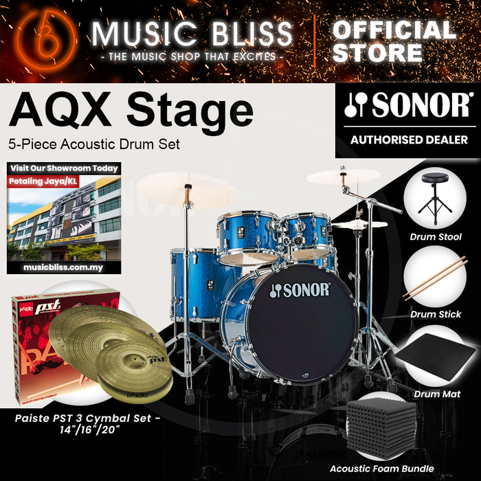 Sonor AQX Stage 5-Piece Acoustic Drum Set with Hardware - 22 Inch Bass Drum - Blue Ocean Sparkle