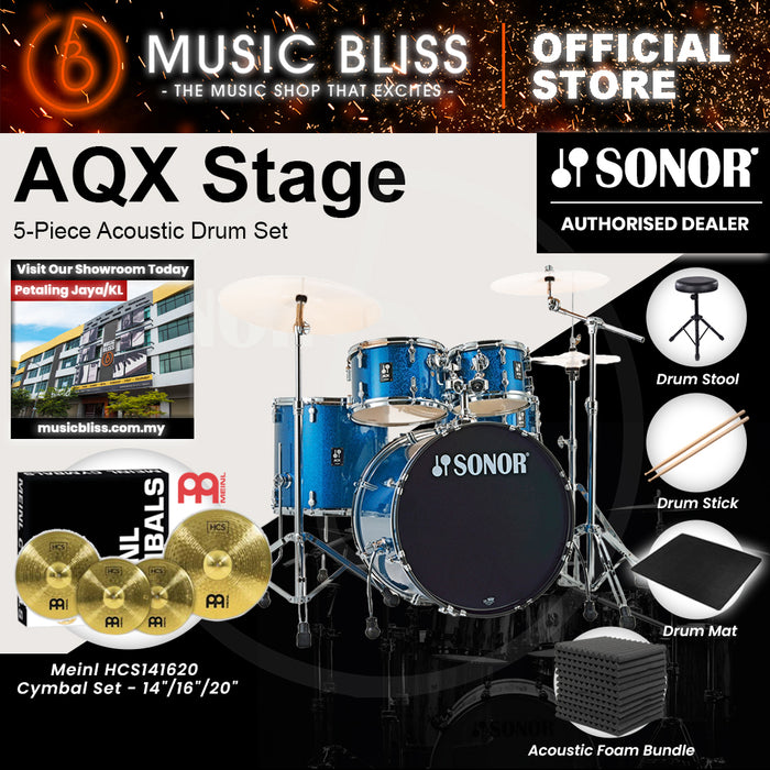 Sonor AQX Stage 5-Piece Acoustic Drum Set with Hardware - 22 Inch Bass Drum - Blue Ocean Sparkle