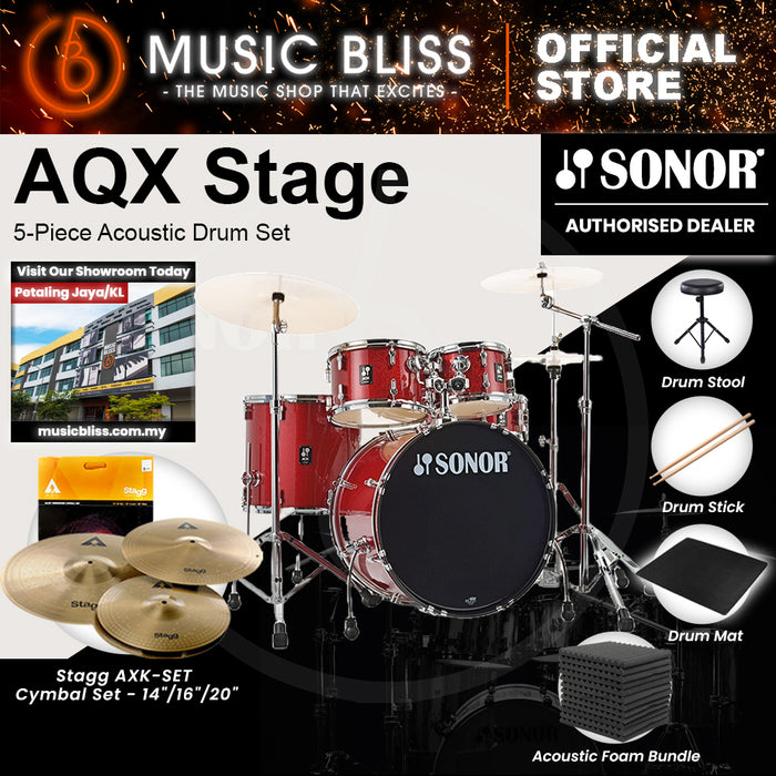 Sonor AQX Stage 5-Piece Acoustic Drum Set with Hardware - 22 Inch Bass Drum - Red Moon Sparkle
