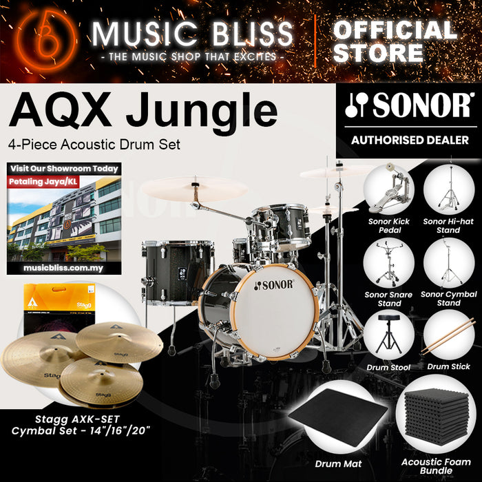 Sonor AQX Jungle 4-Piece Acoustic Drum Set - 16 Inch Bass Drum - Black Midnight Sparkle