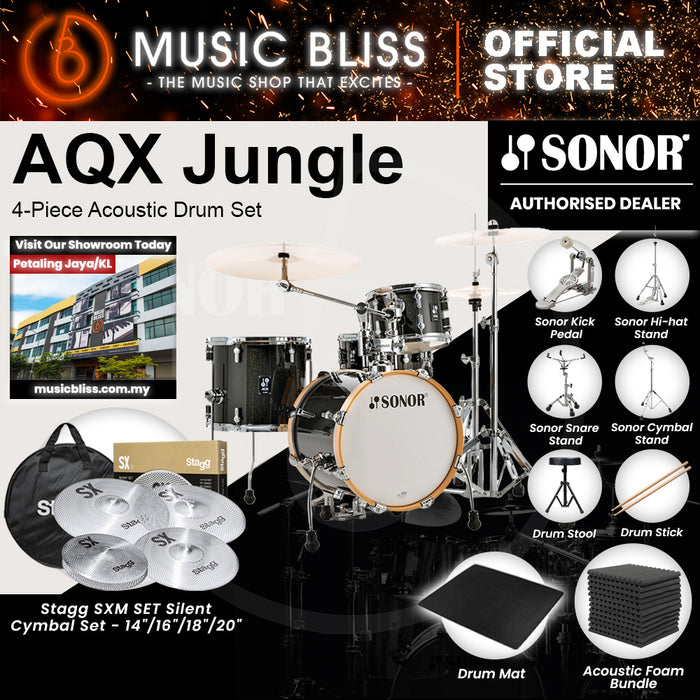 Sonor AQX Jungle 4-Piece Acoustic Drum Set - 16 Inch Bass Drum - Black Midnight Sparkle