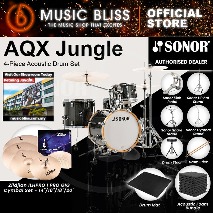 Sonor AQX Jungle 4-Piece Acoustic Drum Set - 16 Inch Bass Drum - Black Midnight Sparkle