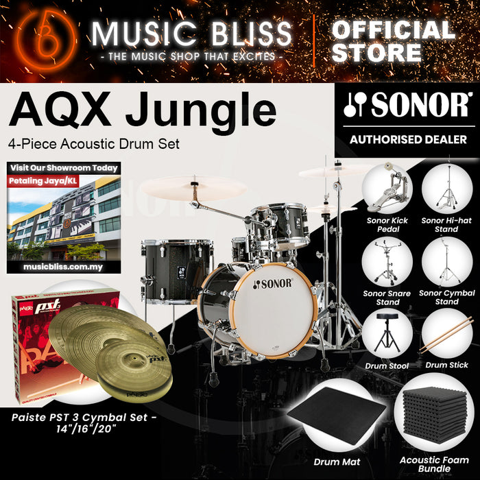 Sonor AQX Jungle 4-Piece Acoustic Drum Set - 16 Inch Bass Drum - Black Midnight Sparkle