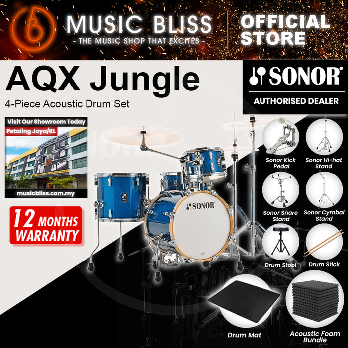 Sonor AQX Jungle 4-Piece Acoustic Drum Set - 16 Inch Bass Drum - Blue Ocean Sparkle