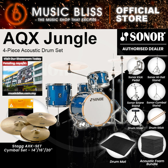 Sonor AQX Jungle 4-Piece Acoustic Drum Set - 16 Inch Bass Drum - Blue Ocean Sparkle