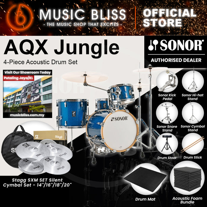 Sonor AQX Jungle 4-Piece Acoustic Drum Set - 16 Inch Bass Drum - Blue Ocean Sparkle