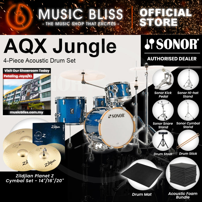 Sonor AQX Jungle 4-Piece Acoustic Drum Set - 16 Inch Bass Drum - Blue Ocean Sparkle