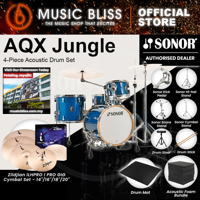 Sonor AQX Jungle 4-Piece Acoustic Drum Set - 16 Inch Bass Drum - Blue Ocean Sparkle